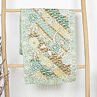 Batik silk scarf, 'Green Lotus Blossom' - Batik Silk Patterned Scarf