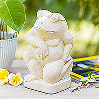 Sandstone sculpture, 'Gentleman Frog' - Fair Trade Garden Sculpture