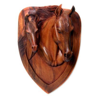 Wood relief panel, 'Wild Horses' - Suar Wood Wall Sculpture