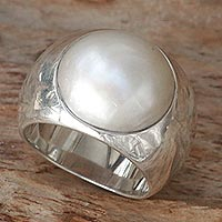 Cultured pearl dome ring, 'Contrasts' - Sterling Silver and Cultured Pearl Domed Ring