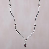 Garnet pendant necklace, 'Silver Tendrils' - Handcrafted Sterling Silver and Garnet Necklace