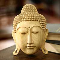Wood mask, 'Buddha's Eternal Bliss' - Balinese Hand Carved Wood Mask Depicting Buddha