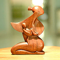 Wood statuette, 'A Mother's Love' - Handcrafted Mother and Child Wood Sculpture