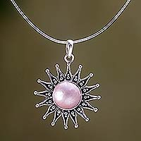 Cultured pearl pendant necklace, 'Pink Sunflower' - Artisan Crafted Floral Sterling Silver and Pearl Necklace