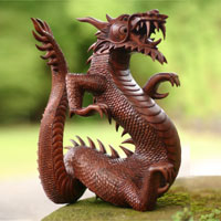 Wood statuette, 'Dancing Dragon II' - Suar Wood Sculpture from Indonesia