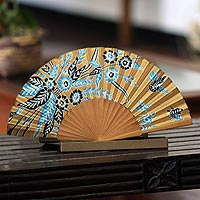 Silk batik fan, 'Golden Paradise' - Handmade Silk Batik Fan