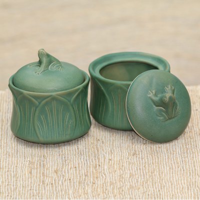 Ceramic condiment jars, Leaping Frogs (pair)