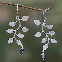 Pearl dangle earrings, 'Black Forest' - Pearl Sterling Silver Dangle Earrings