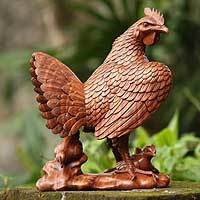 Wood sculpture, 'Mamma Hen and Chicks' - Wood sculpture