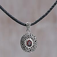 Leather and garnet pendant necklace Wild Beauty Indonesia