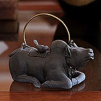 Stoneware ceramic teapot Buffalo and Bird Friends Indonesia