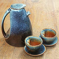 Stoneware ceramic tea set Blue Vortex Indonesia