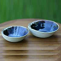 Stoneware ceramic bowls Mystic Blue Oysters pair Indonesia