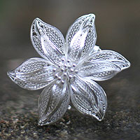 Sterling silver brooch pin, 'Tiger Lily' - Filigree Flower Sterling Silver Brooch Pin