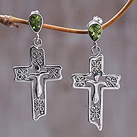 Peridot dangle earrings, 'Floral Cross' - Sterling Silver Peridot Religious Dangle Earrings