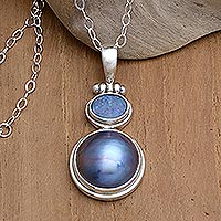 Cultured pearl and opal pendant necklace, 'Blue Ocean Dream' - Modern Sterling Silver and Cultured Pearl Pendant Necklace