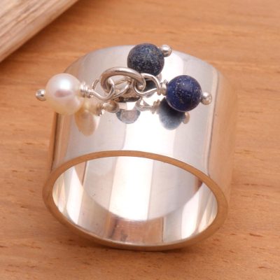 Gem jewelry - Pearl and Lapis Lazuli Wide Band Ring Balinese Jewelry