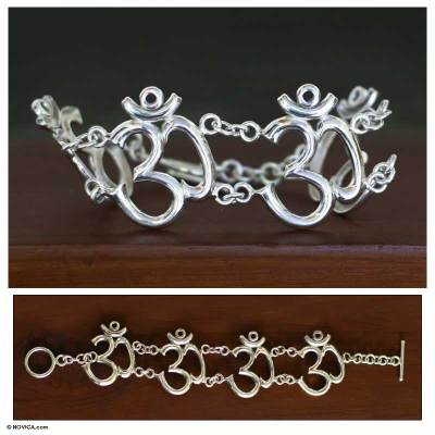 Sterling silver link bracelet, Indian Om