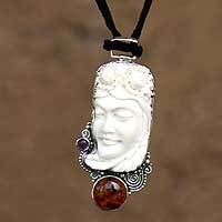 Amber and amethyst pendant necklace,