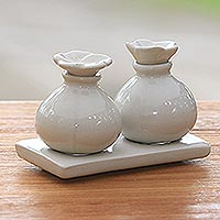 Ceramic oil bottles White Bali Frangipani pair Indonesia