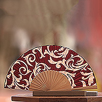 Silk batik fan, 'Red Bali Glory' - Batik Silk Fan