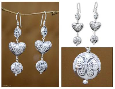 Sterling silver dangle earrings, Butterfly Heart