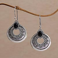 Onyx dangle earrings, 'Royal Medallion' - Handcrafted Sterling Silver and Onyx Dangle Earrings