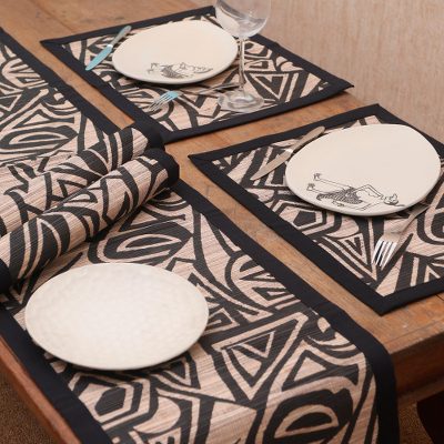 Natural fibers table runner and placemats, Geometric Fantasy (set for 4)