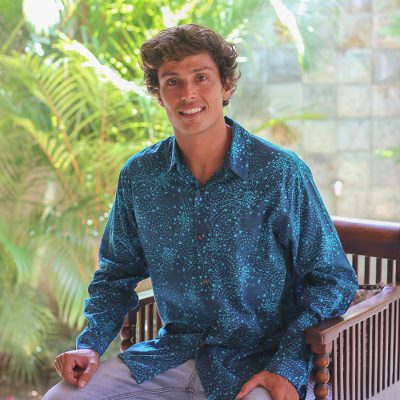Men's cotton batik shirt, 'Turquoise Cosmos' - Men's Long Sleeve Shirt in Indonesian Hand Crafted Cotton Ba