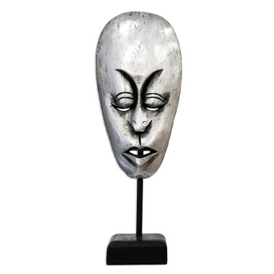 Artisan Crafted Painted Silver Metallic Wood Balinese Mask with Stand