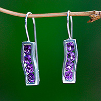 Amethyst drop earrings, 'Ribbon' - Amethyst and Sterling Silver Drop Earrings