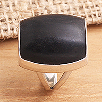 Ebony cocktail ring, 'Earth's Wisdom' - Wood and Silver Cocktail Ring