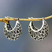Sterling silver hoop earrings, 'Lotus Halo' - Artisan Jewelry Sterling Silver Hoop Earrings