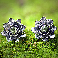 Peridot flower earrings, 'Green-Eyed Lotus' - Unique Floral Peridot Sterling Silver Button Earrings