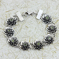 Peridot flower bracelet, 'Sacred Green Lotus' - Silver and Peridot Lotus Bracelet Hand Made Jewelry