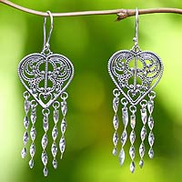 Sterling silver heart earrings, 'Strings of My Heart' - Sterling Silver Heart Shaped Chandelier Earrings