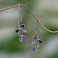 Garnet floral earrings, 'Bali Belle' - Hand Made Garnet and Sterling Silver Dangle Earrings