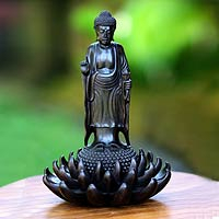 Wood sculpture Standing Buddha on a Lotus Indonesia