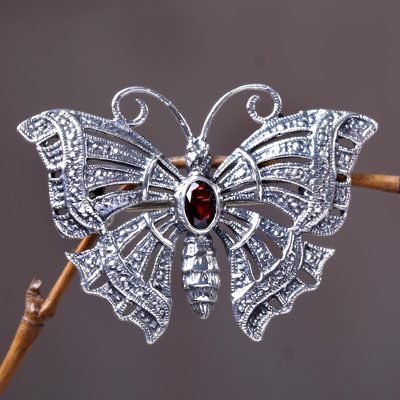 Garnet brooch pin pendant, 'Crimson Butterfly' - Garnet Sterling Silver Brooch Pin
