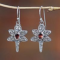 Sterling silver and garnet dangle earrings,
