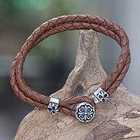 Sterling silver and leather flower bracelet, 'Brown Lotus' - Artisan Crafted Floral Leather Braided Bracelet