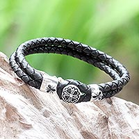 Sterling silver and leather flower bracelet, 'Lotus in Black' - Artisan Crafted Silver and Leather Bracelet