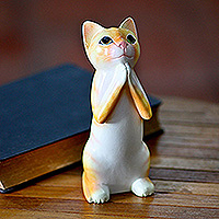 Wood sculpture, 'Ginger Tabby Cat Wish' - Wood sculpture