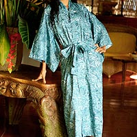 Cotton batik robe, 'Blue Forest' - Artisan Crafted Long Batik Cotton Robe for Women