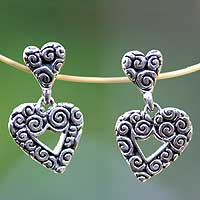 Sterling silver heart earrings, 'Javanese Hearts' - Sterling silver heart earrings