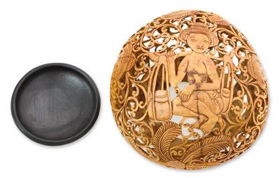 Coconut shell sculpture, 'Forest Vendors' - Cultural Coconut Shell Sculpture