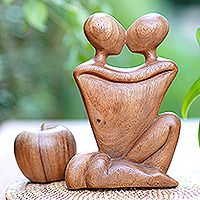 Wood sculpture, 'Kissing' - Romantic Wood Sculpture