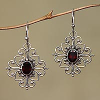 Garnet flower earrings, 'Radiant Blossom' - Hand Made Garnet and Sterling Silver Dangle Earrings