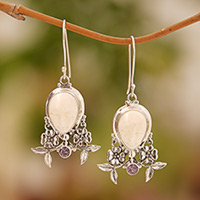 Amethyst floral earrings, 'Mother Earth Sleeps' - Amethyst and Hand Carved Floral Earrings