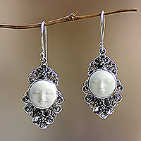 Cow bone flower earrings, 'Frangipani Garden' - Artisan Crafted Cow Bone and Sterling Silver Earrings